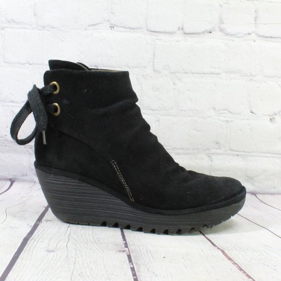 Fly London Shoes - FLY London Yama Black Suede Wedge Ankle Bootie Boot  Size 40 US 10
